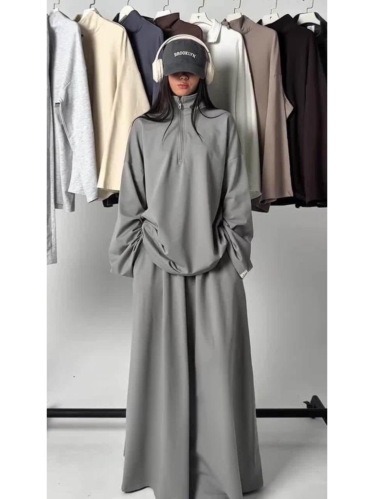 2025 Women's Casual Loose Drapey Half-Zip Top & Skirt Two-Piece Set