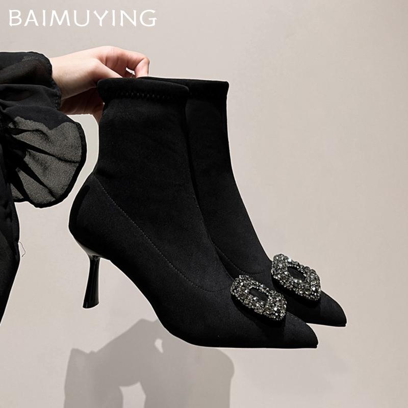 Женские ботильоны с кристаллами, замшевые, с острым носком, элегантные туфли на высоком каблуке, тренд 2025 года, зимние модные туфли-лодочки, дизайнерские Botas De Mujer