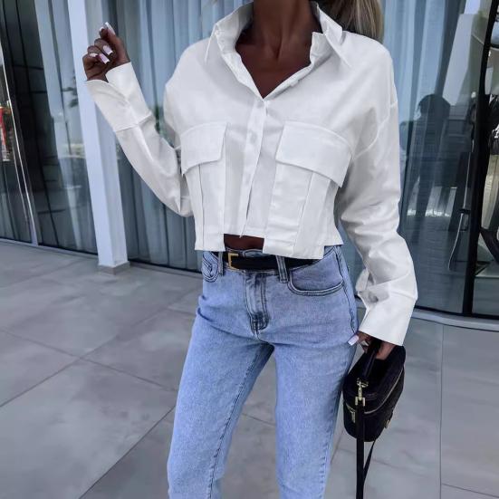 Женская летняя рубашка с рукавами, рубашки, топы, укороченные топы, базовый стиль для поездок на работу, длинные однобортные лацканы с клапаном
