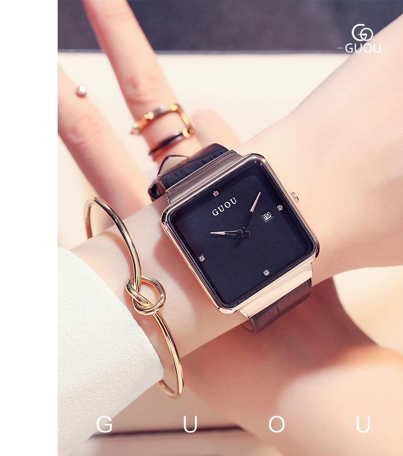 Fashion Guou Top Brand Ultra Thin Ladies Luxury Advanced Gift Square Water Resistant Calendar Genuine Leather Wrsist Watches