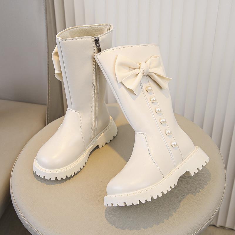 Детская обувь Модные ботинки принцессы с высоким голенищем Кожаные водонепроницаемые теплые зимние сапоги на меху для девочек Дизайн с бантом Длинные сапоги