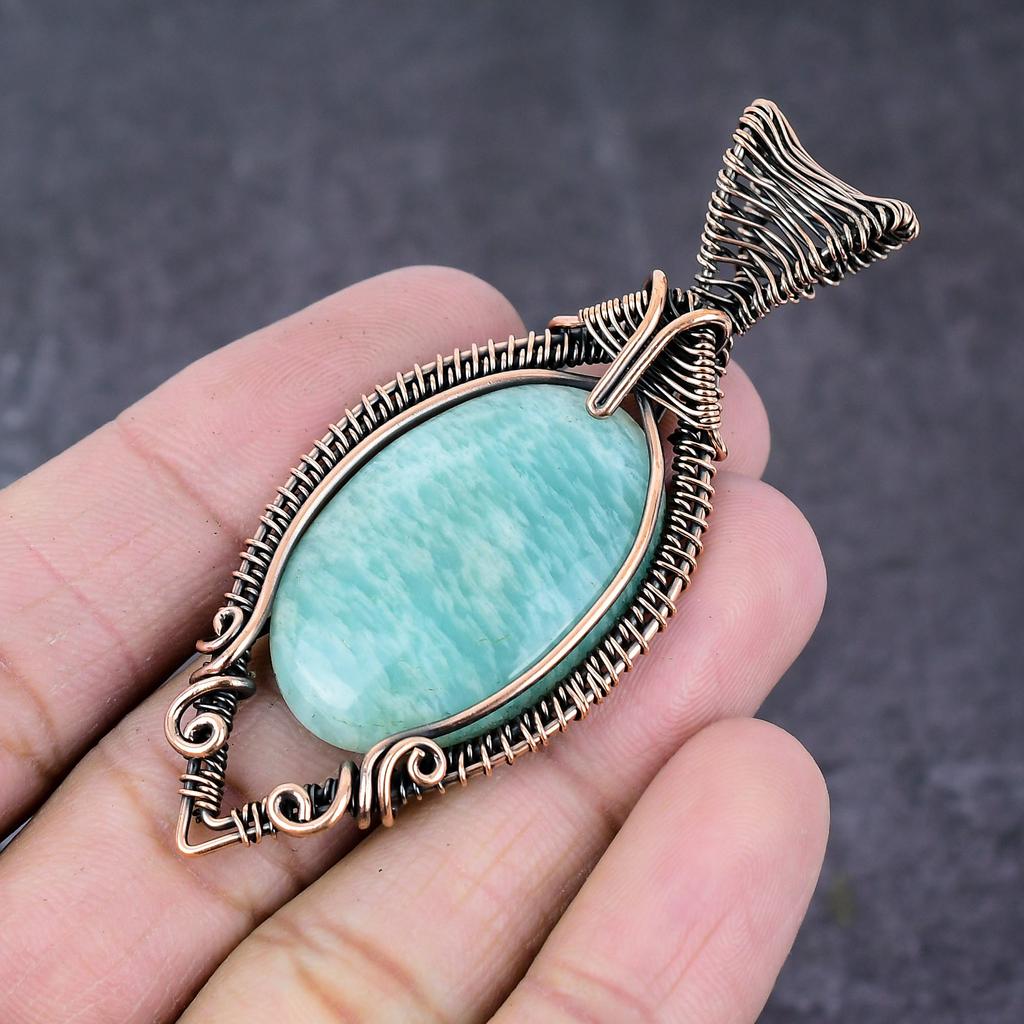 Натуральный Амазонит Камень Ручной Работы Медная Проволока Обмотка Подвеска Ювелирное Изделие 2.95" q8U81