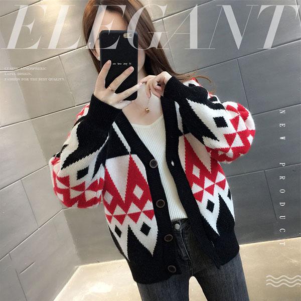 Vintage Spring Autumn Women's Color Block Checked Cardigan Sweater Loose  Short Knit  Jacket Coat