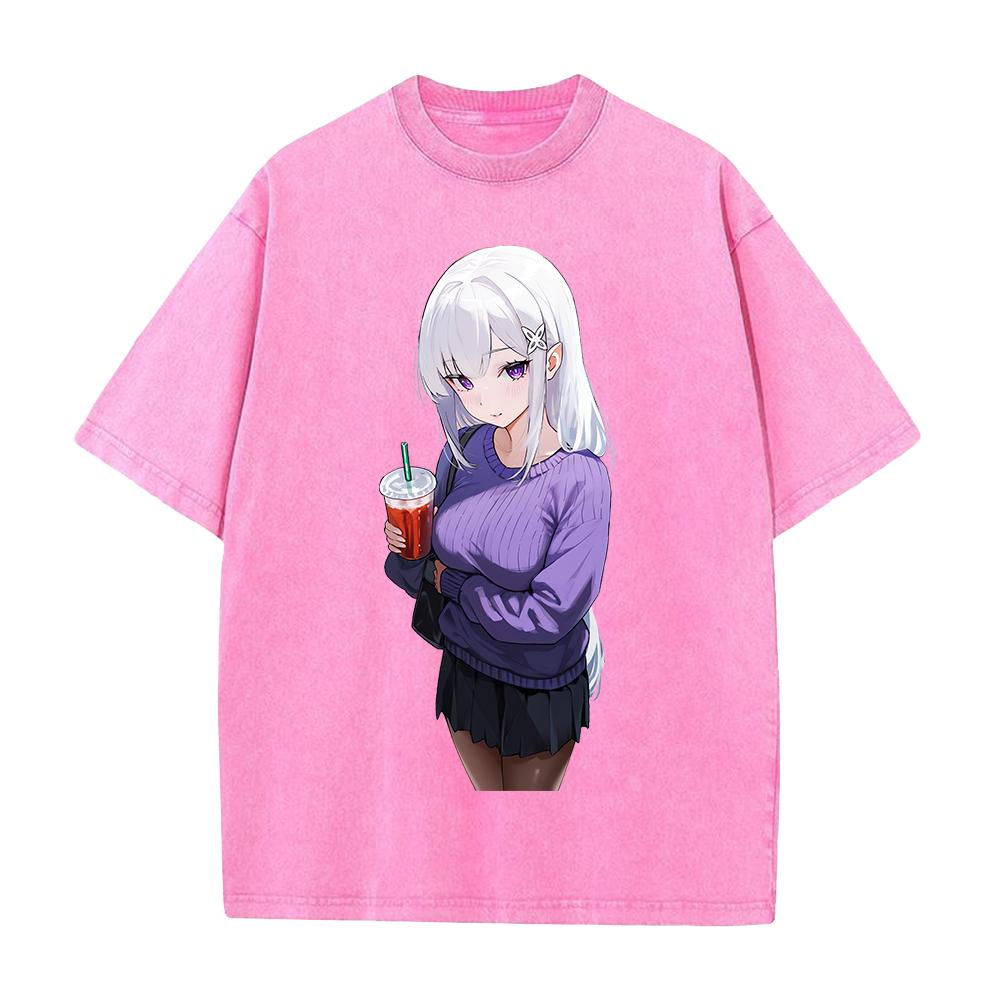 Аниме Re ZERO Начинаем жизнь с нуля Эмилия Одежда Мужчины Женщины Футболки Хлопковая футболка с эффектом потертости Ретро футболка Футболка в стиле Харадзюку