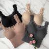 Women Thermal Vest Lace Trim Plush-lined V Neck Sleeveless Thread Solid Color Slim Fit Elastic with Chest Pads Layering Tank Top Bottoming Clothes