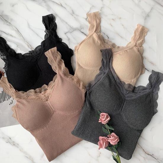 Women Thermal Vest Lace Trim Plush-lined V Neck Sleeveless Thread Solid Color Slim Fit Elastic with Chest Pads Layering
