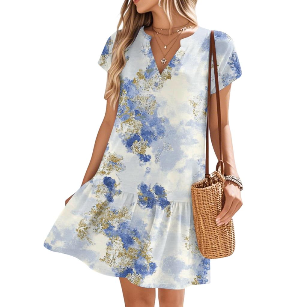 Женские платья с коротким рукавом и V-образным вырезом с цветочным принтом Свободные повседневные пляжные платья в стиле темперамент
