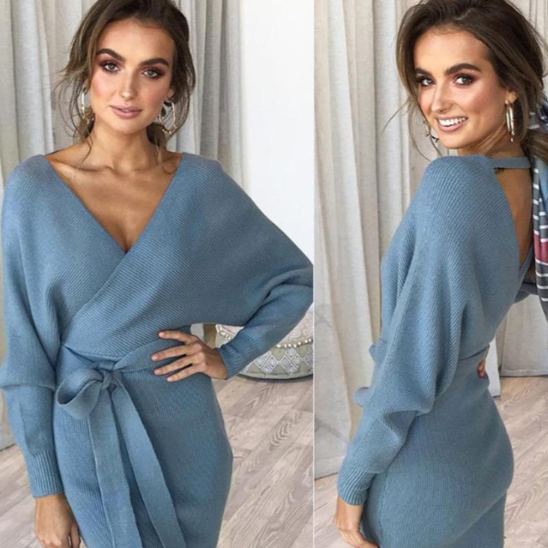 Осенне-зимнее женское трикотажное платье сексуальное с запахом на бедрах теплое платье-свитер