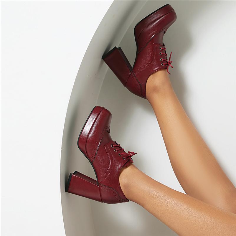 ANNYMOLI/женские туфли-лодочки с круглым носком на платформе, на толстом высоком каблуке, на шнуровке, в сдержанном стиле, женская модная обувь, весна-осень, бордовый, коричневый, 43