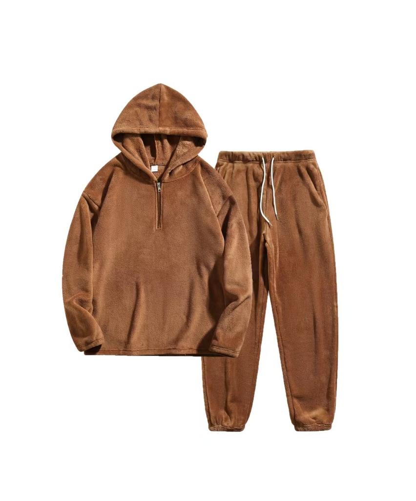 Autumn and winter suit men's fashion thermal hooded sweater solid color wool sweatpants casual sports two-piece set