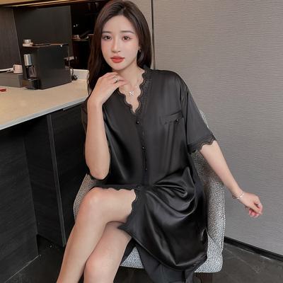 Летняя черная ночная сорочка, блузка, юбка, сексуальное кружево, кружево, средней длины, длинная пижама, V-образный вырез, кардиган, домашняя одежда