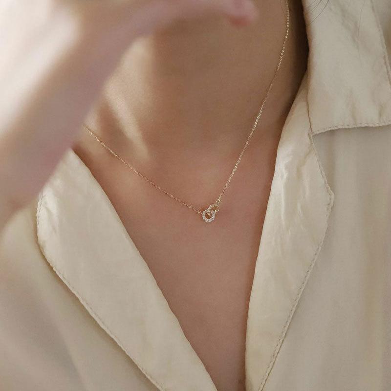 Korean Exquisite Pavé Crystal Geometry S925 Sterling Silver Pendant Necklace Women Fashion Charm Party Jewelry