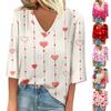 Ladies' Loose Casual Seven Quarter Sleeve V-neck Valentine's Day Printed T-shirt Top