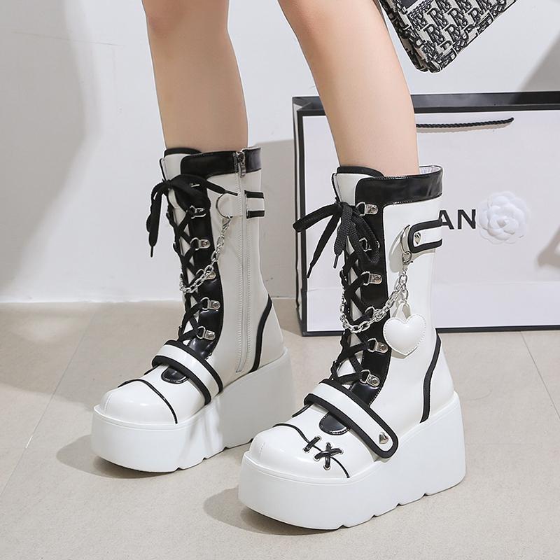 Fashion Kawaii Sweet New Gothic Platform Mid Calf Boots Women Street Autumn Wedges High Heels Punk Boots Girls Cute Cosplay Women Shoes