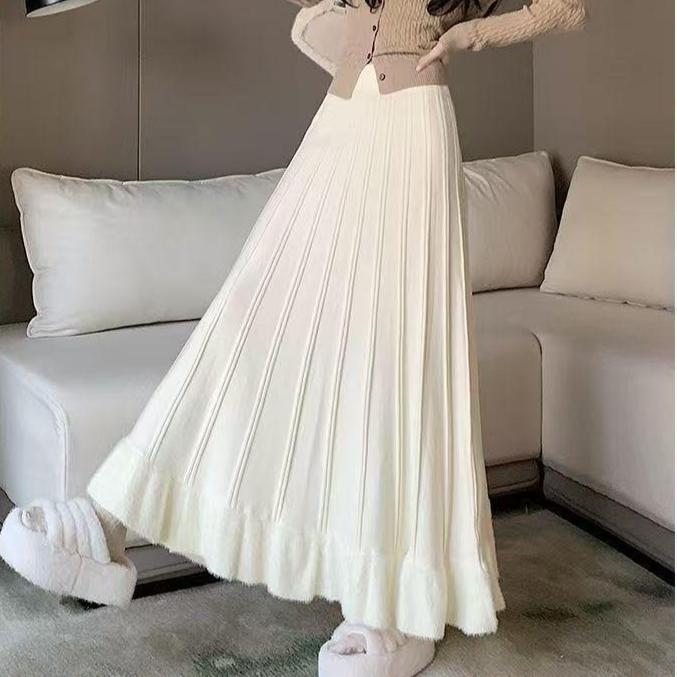 Осенне-зимняя женская вязаная плиссированная юбка длинная с высокой талией А-силуэта