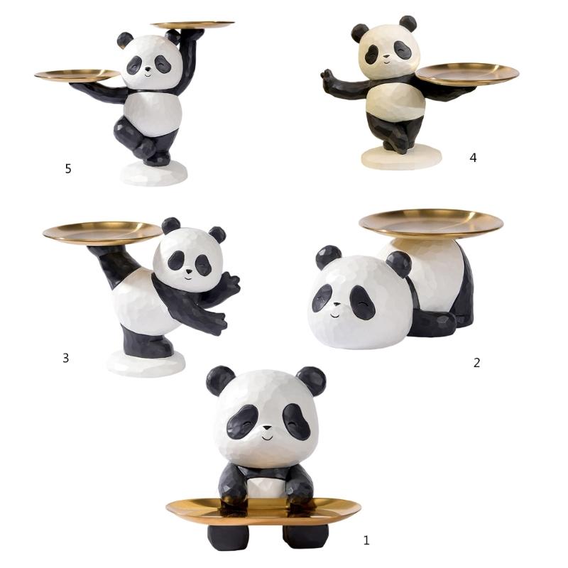 Decorative Panda Resins Statue with Storage Tray for Key and Trinkets Animal Sculpture Entryway Living Room Table Decors