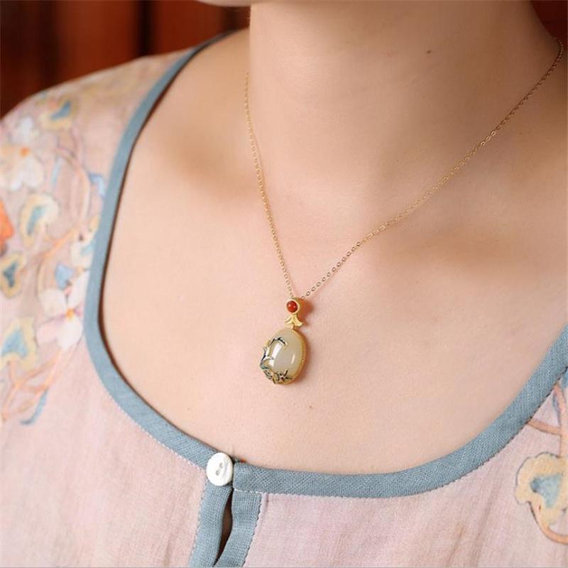 Ethnic Jade Flower Pendant Necklace For Lady Anniversary Top Quality Sterling 925 Silver Chain Choker Accessories Gold Necklaces
