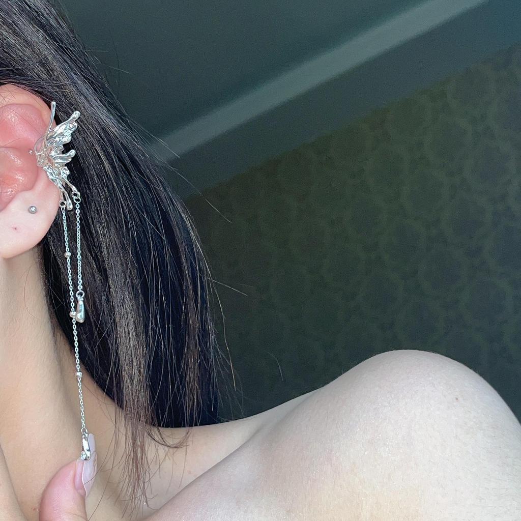 French-Style Butterfly Ear Cuff Earrings for Women - Non-Pierced, Elf Design with Tassel and Water Drop Details