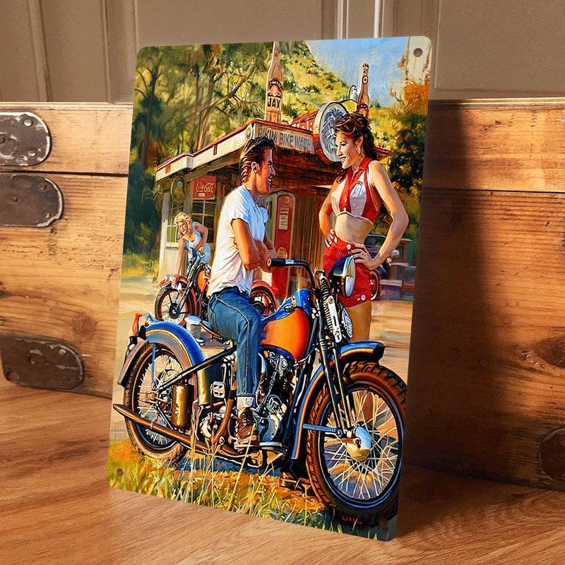 1 piece: Retro American-style gas station motorcycle tinplate painting, classic nostalgic bar/cafe decorative painting, living r