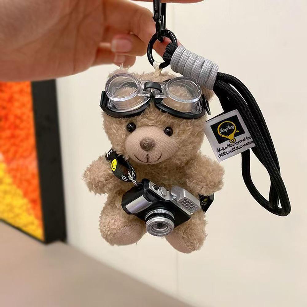 Cute plush Little bear keychain Cartoon Paired Camera Flying Glasses Creative Trendy Handbag Chain Gift