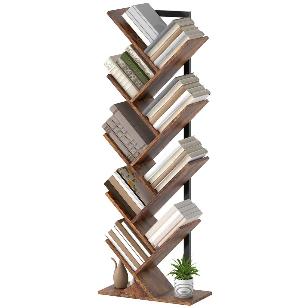 Bookshelf, Freestanding, 9 Shelves, Tree-shaped, for Office, Rustic Brown