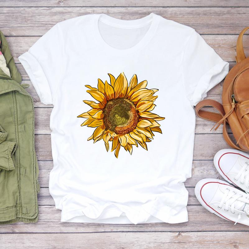 (Азиатский размер) Футболка с цветочным принтом и круглым вырезом, модная футболка, женская одежда, повседневная женская футболка с коротким рукавом и принтом, женская футболка с графикой