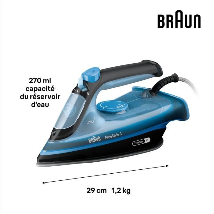 Паровой утюг - BRAUN - FI3194BK FreeStyle 3 - Мощность 2400 Вт - Постоянный пар 45 г/мин Паровой удар 200 г/мин - Подошва SuperCeramic