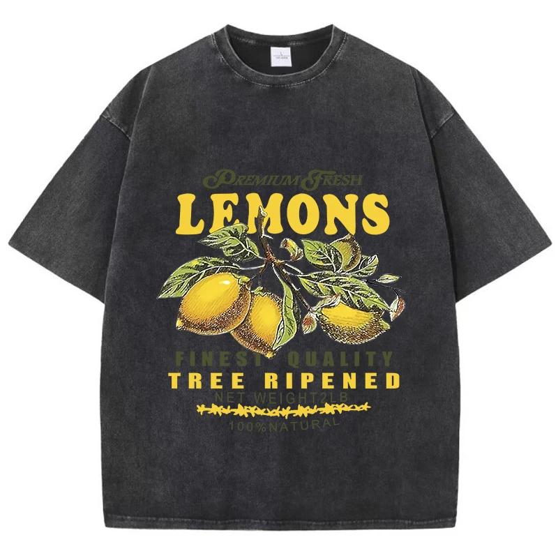 Cotton Women Acid Wash T-Shirts Premium Fresh Lemons Printing Tees Distressed Oversize O-Neck Short Sleeve Female Clothes
