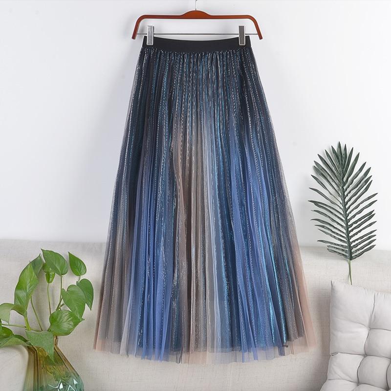 Qooth Женская тюлевая юбка трапециевидной формы с радужным градиентом, элегантная юбка трапециевидной формы из блестящей сетки с высокой талией на весну и лето QT2128