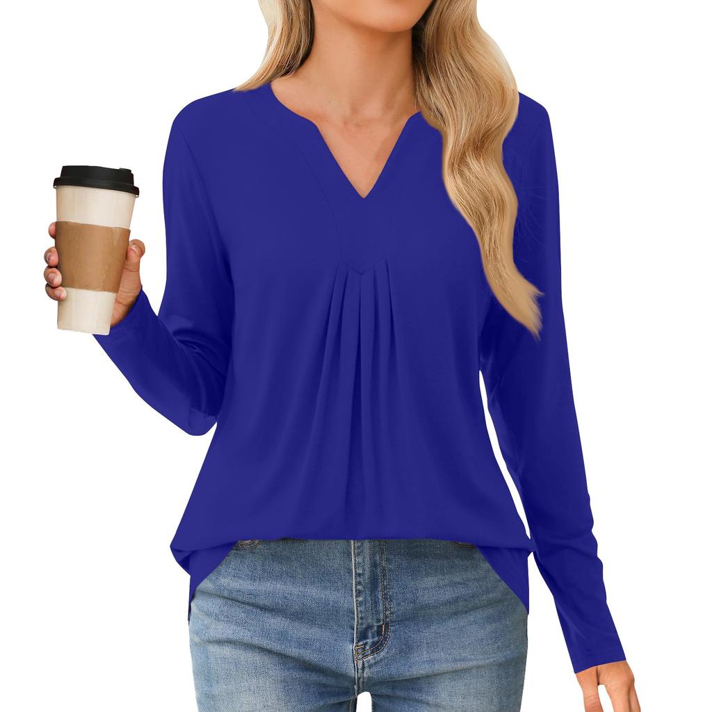Women's Fashion Casual Long Sleeve Shirt Solid Color V Neck Up Tops