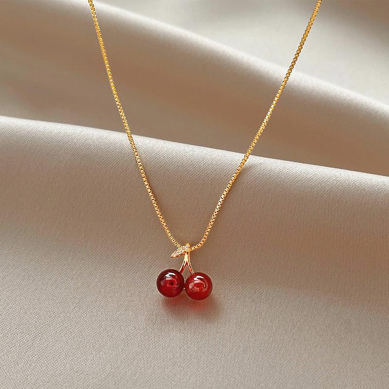Little Wine Red Cherry Pendant Necklaces For Women Personality Fruit Golden Chain Necklace Party Jewelry Birthday Gifts