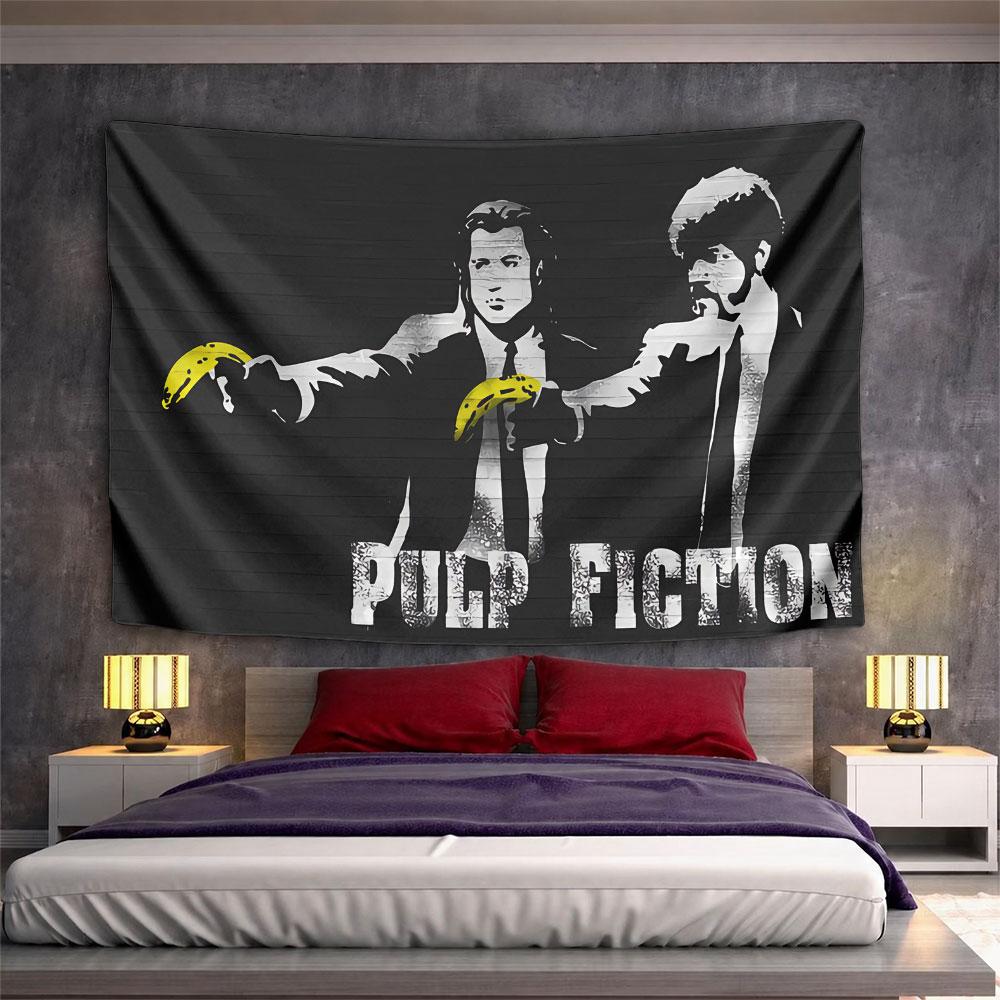 Two characters in suits pointing bananas as weapons, with "Pulp Fiction" text. Patterned tapestry for bedroom and living room home decor
