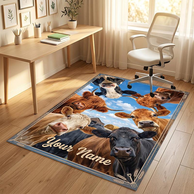 Cow Highland Theme Crystal Velvet Rug Personalized Custom Name Text Soft Floor Mat Home Decor