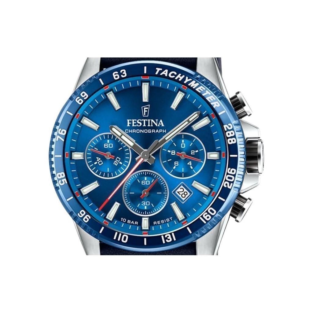 FESTINA Часы-хронограф с кожаным ремешком и синим циферблатом, кварцевые, мужские, F20561-3 100M