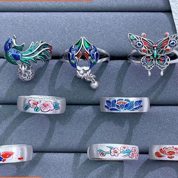 S925 Sterling Silver Cloisonné Enamel Blue Women's Ethnic Tassel Ring