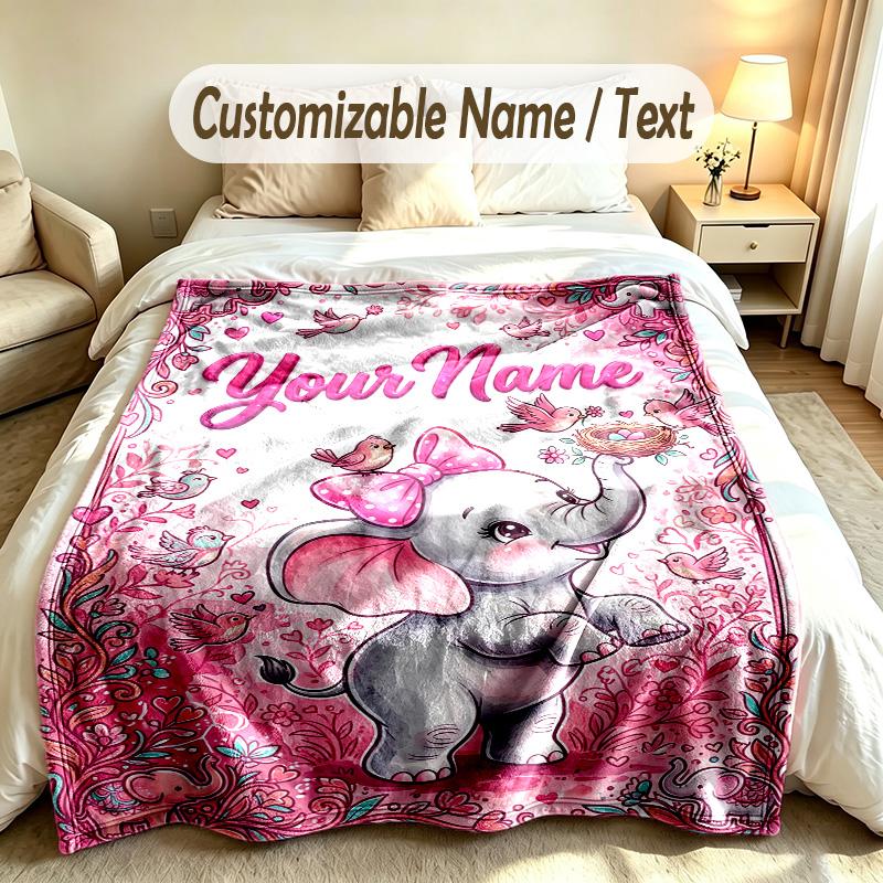 Elephant Theme Soft Blanket Personalized Custom Name Text Print Warm Blanket Home Sofa Bedroom Decor