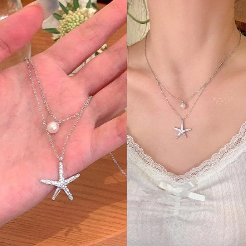Fashion Silver Color Starfish Imitation Pearl Pendant Necklace for Women Simple Double Layered Clavicle Chain Necklace Jewelry