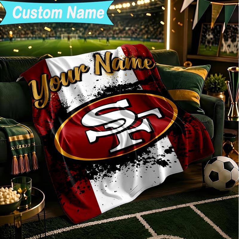 1PC Custom Name Blanket San Francisco football Flannel blankets Patterns Throw Blanket All-Season Soft Gift for Couch, Bed, Camping, Birthday gifts