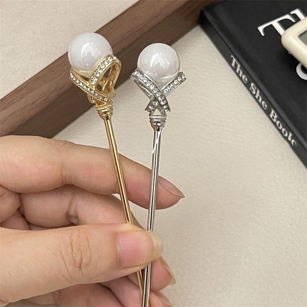 Silver Rhinestone Hair Stick Metal Pearl Hairpin Classical   Hairstyle Design Tool