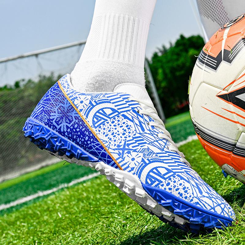 Мужские/женские синие и белые футбольные бутсы на резиновой мягкой подошве с короткими ногтями и искусственным покрытием, молодежные футбольные бутсы