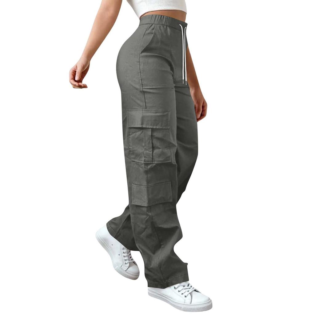 Womens Elastic High Waisted Cargo Pants Stretch Casual Wide Leg Streetwear Parachute Hiking Pants With Pockets