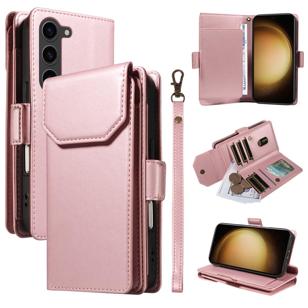 For Samsung Galaxy S23+ Case with Multi-Card Holder and Strap PU Leather Phone Cover Stand