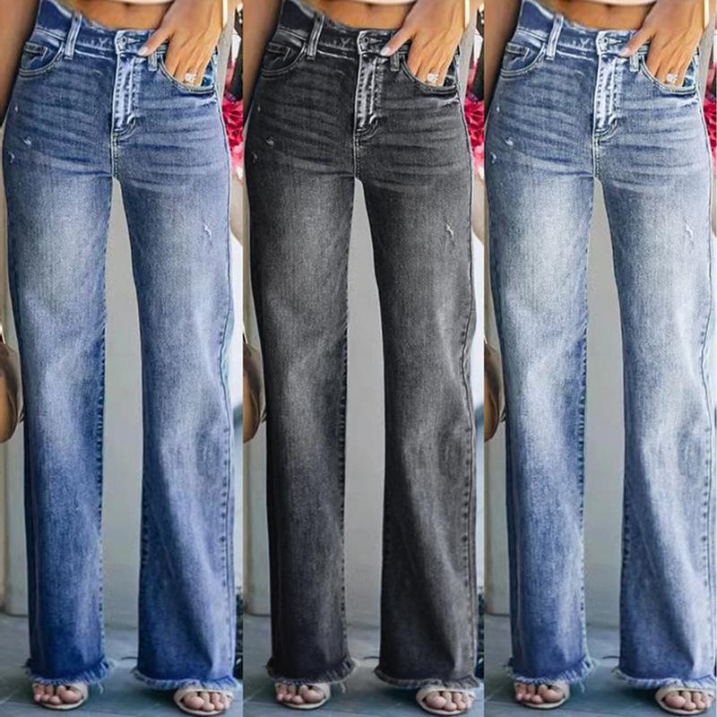 Spring, Autumn and Summer Women's Jeans Broken Wide-legged Pant Fashion Temperament Micro-large Trousers Trend