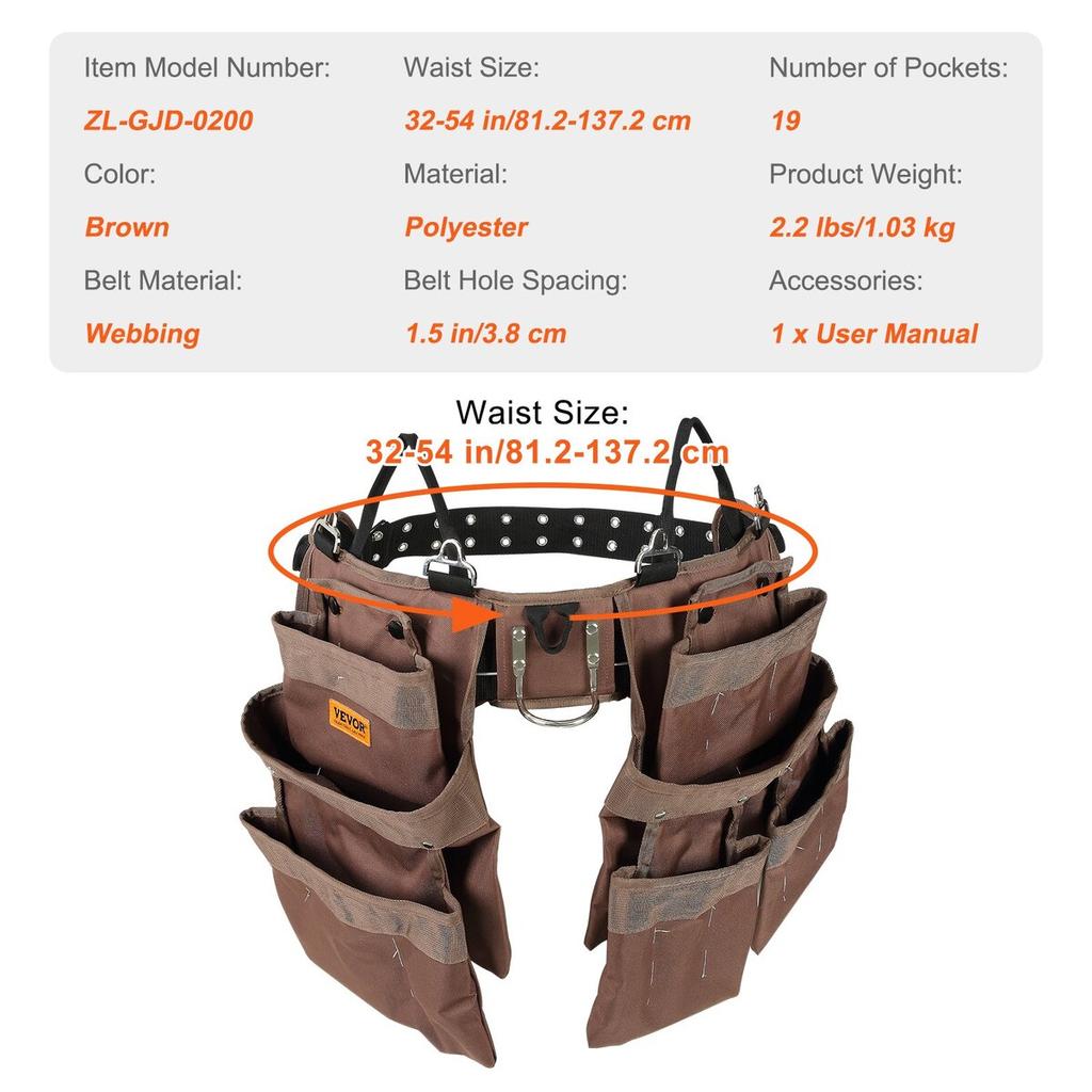 Tool Belt, 19 Pockets, Adjusts from 32 Inches to 54 Inches, Polyester Heavy Duty Tool Pouch Bag, Detachable Tool Bag for Electrician, Carpenter,