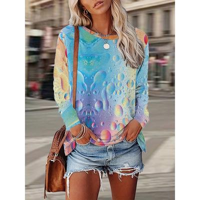 Большой размер 2025 Лето Новинка Женская футболка с нерегулярным узором в виде капель воды, круглым вырезом и длинным рукавом, для отпуска, пляжа