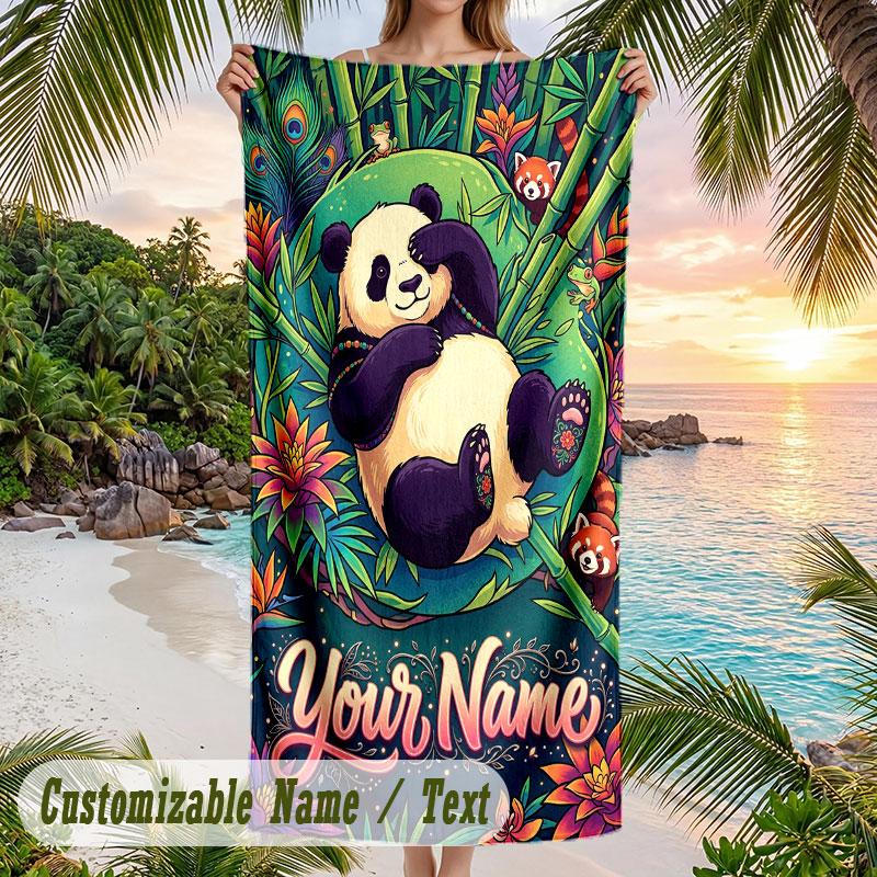 Panda Love Art Print Theme Quick Dry Beach Towel Custom Name Text Print Large Sand Resistant Towel Beach Vacation