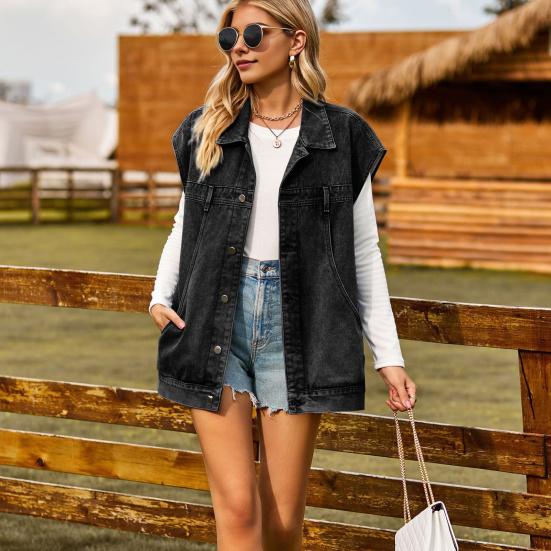 Женский жилет, джинсовый свободный однотонный однобортный кардиган без рукавов с большими карманами, промываемый, индивидуальная уличная одежда, повседневная куртка, жилет