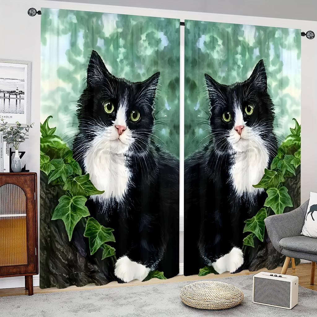 2pcs Rustic Animal Cat Print Semi Blackout Curtains Fashionable Curtains For Bedroom Office Kitchen Living Room Study Room Home