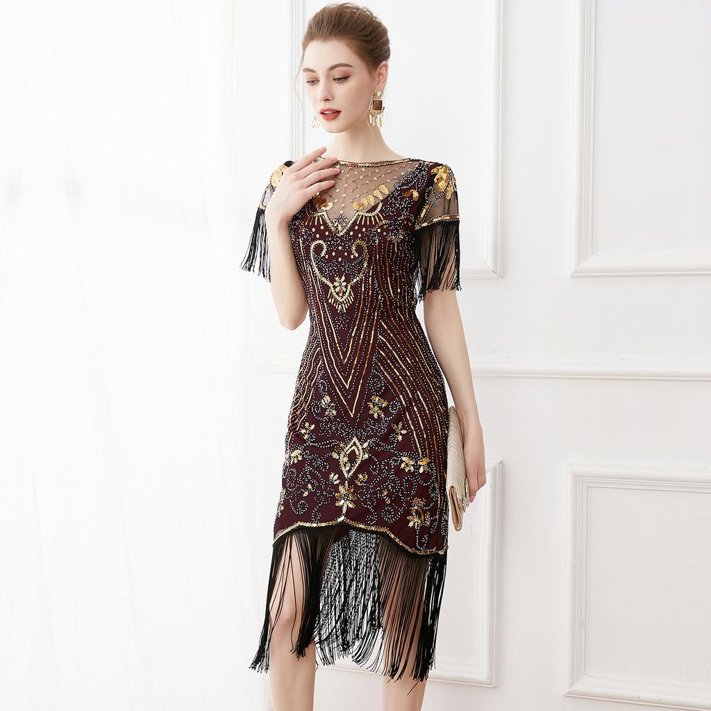 1920S Retro Ball Embroidered Fringed Dress Cocktail Party Large Size Sequined Beaded Mesh Dress