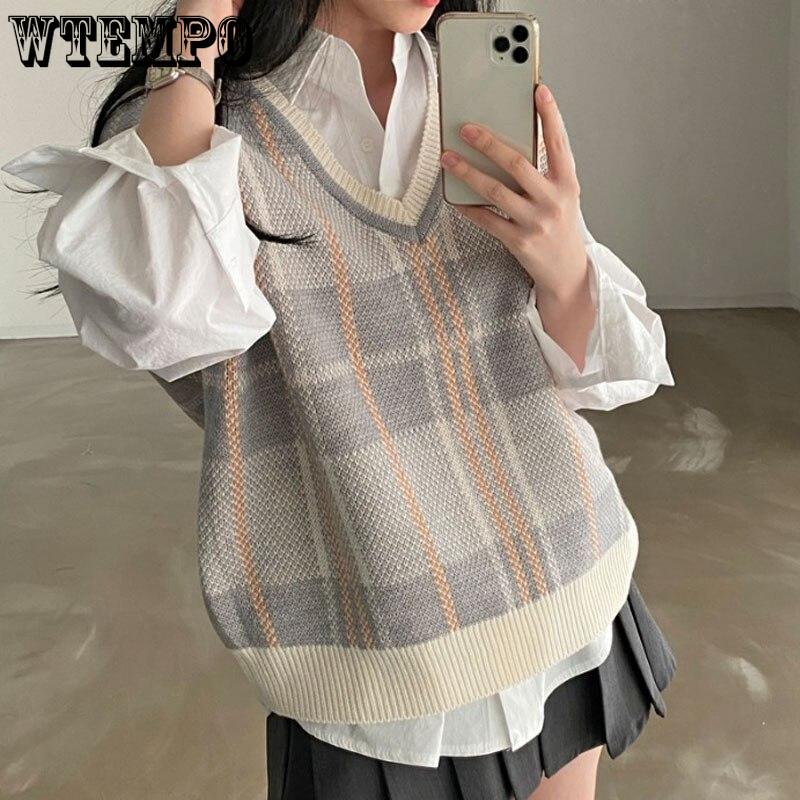 Autumn Winter Female Korean Loose Sweater Vest Vintage Office-lady V-neck Sweater Pullover Women Knitted Tops Pull Femme